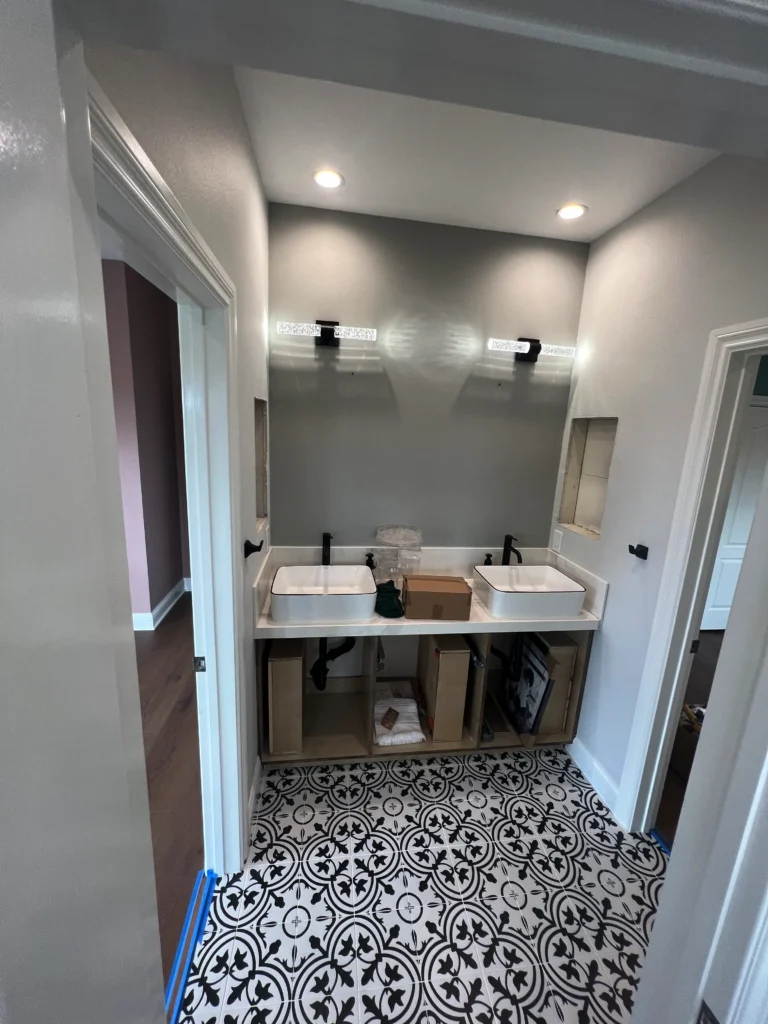 floating double bathroom vanity with vessel sinks