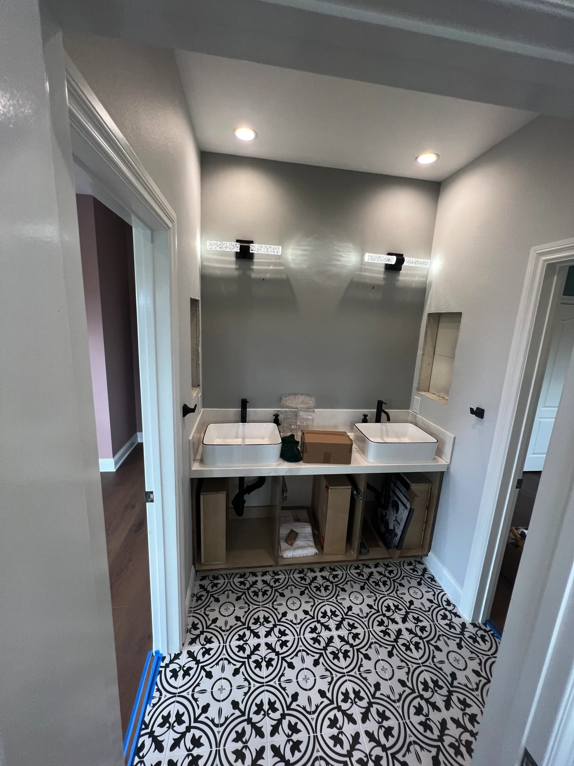 floating double bathroom vanity with vessel sinks