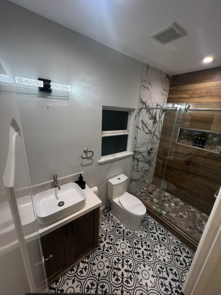 floating double bathroom vanity with vessel sinks