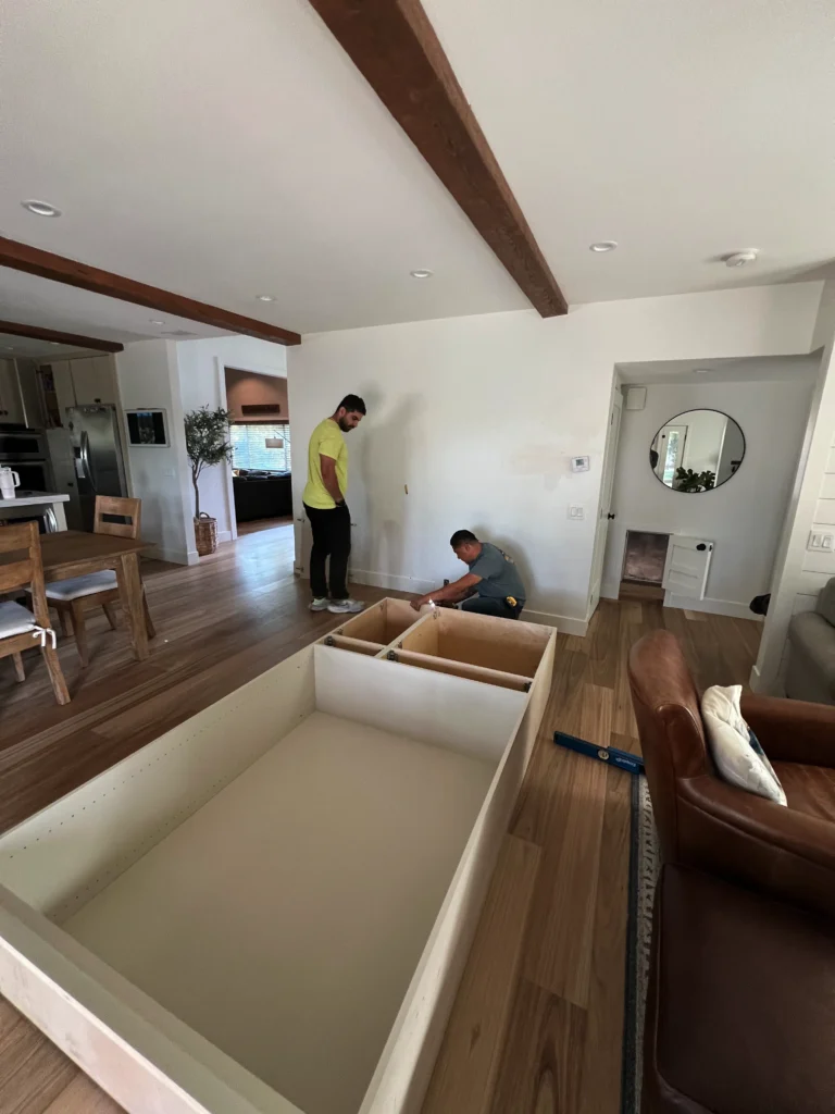 custom beverage station and display shelving with quartz countertop