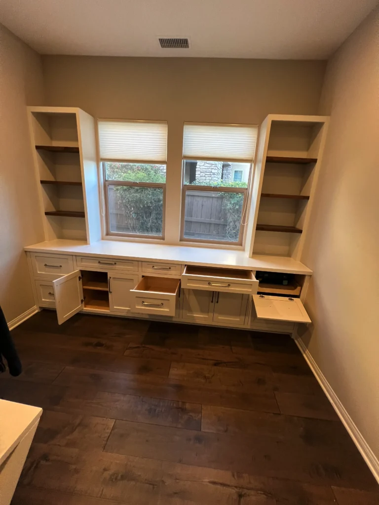 white shaker office cabinets with stained white oak shelves