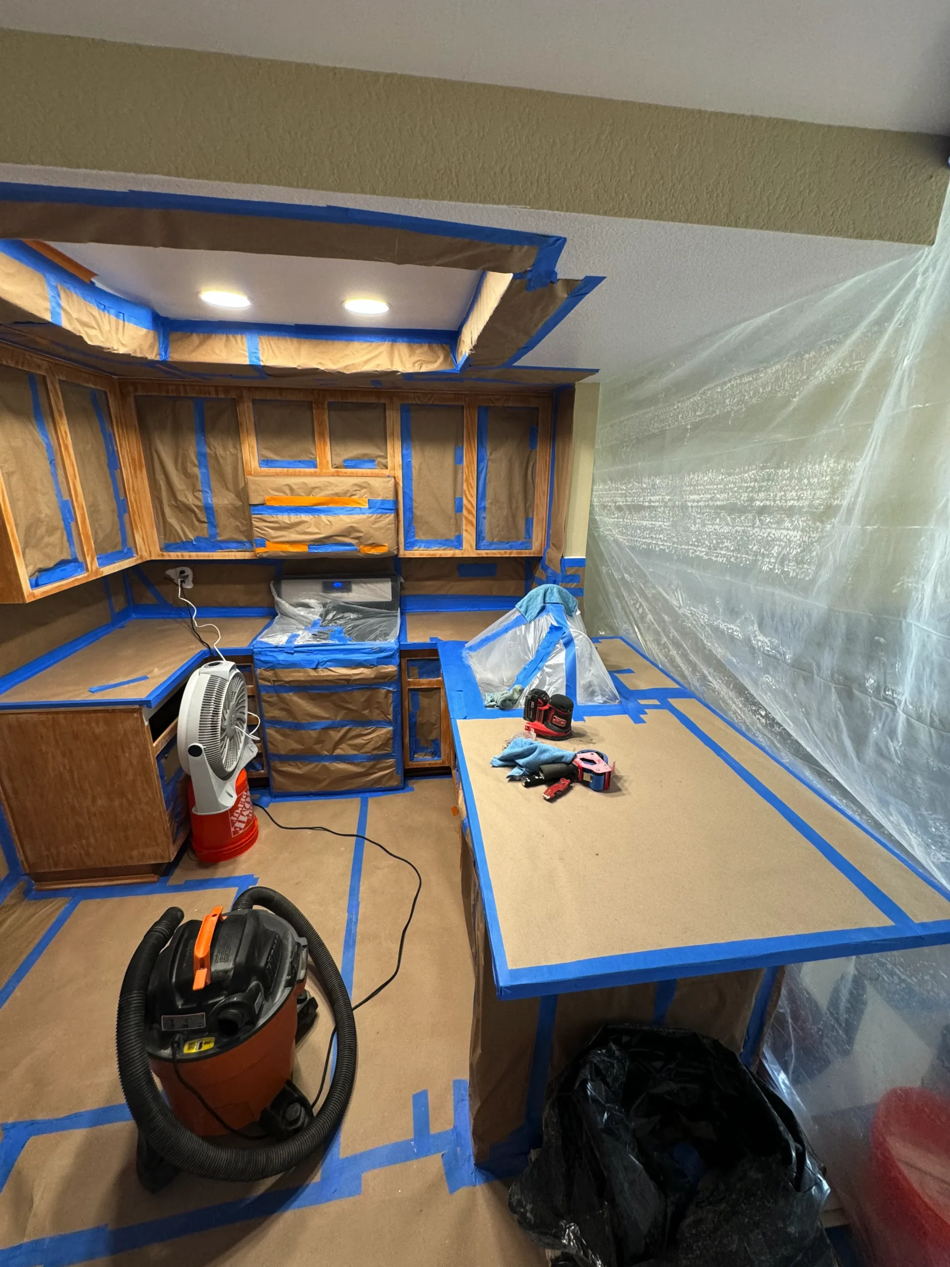 before and after kitchen update from oak to grey and white shaker