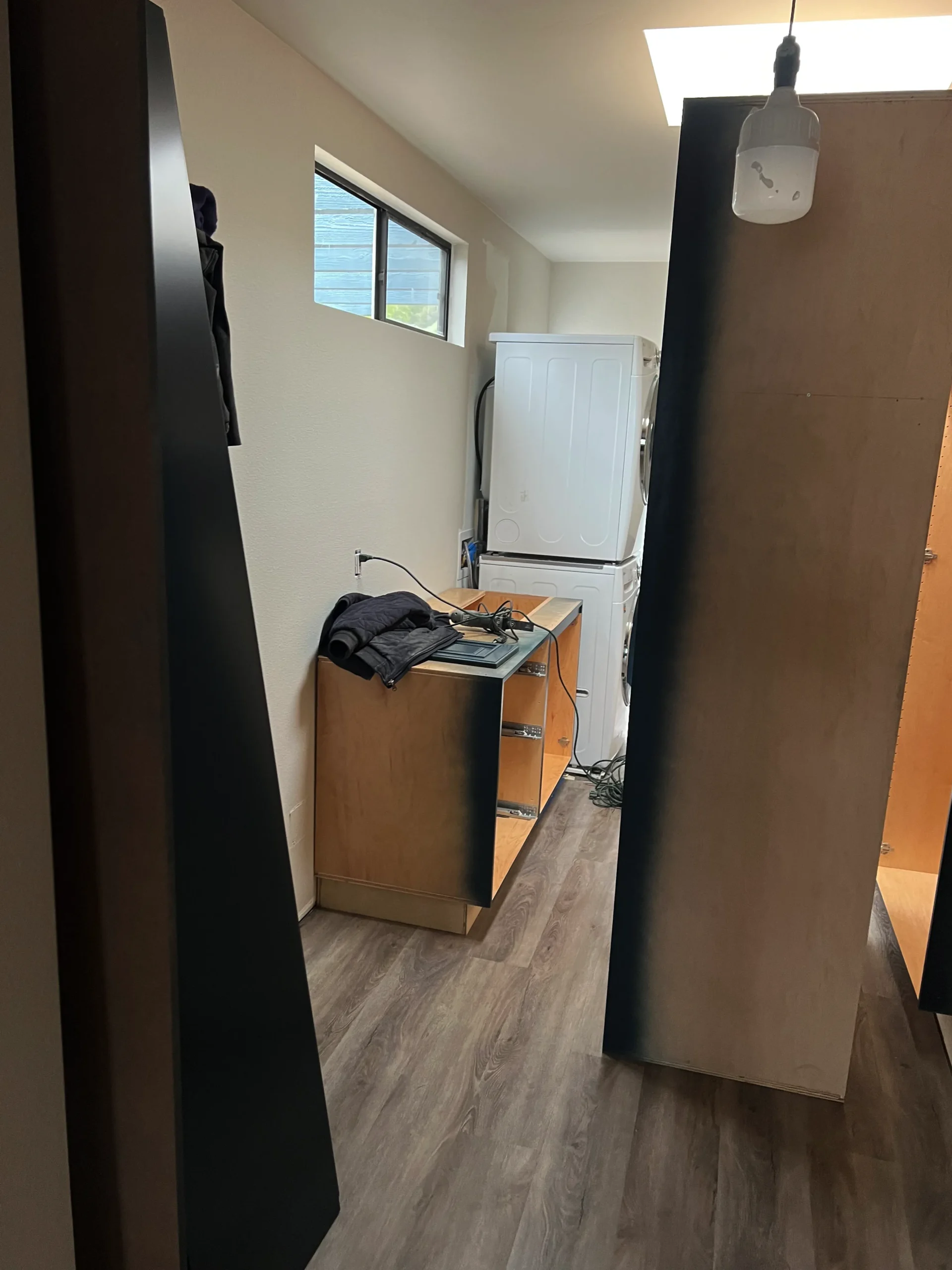 deep blue custom cabinets with large ring pull hardware