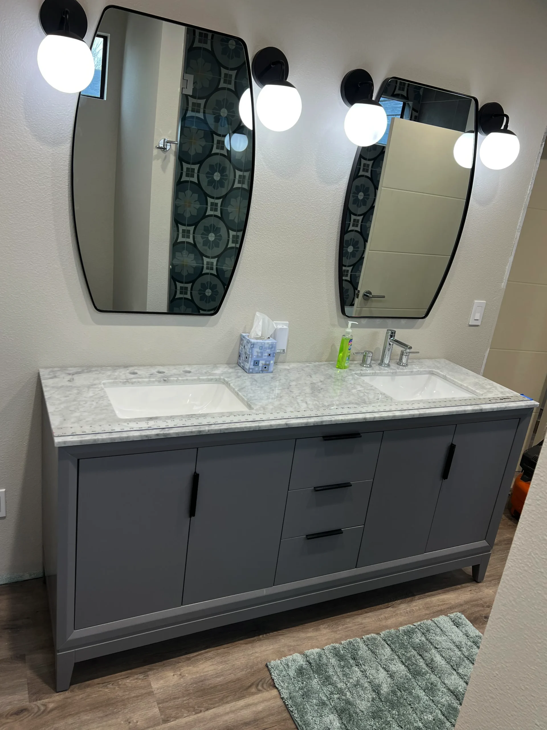 grey flat panel double bathroom vanity with marble top