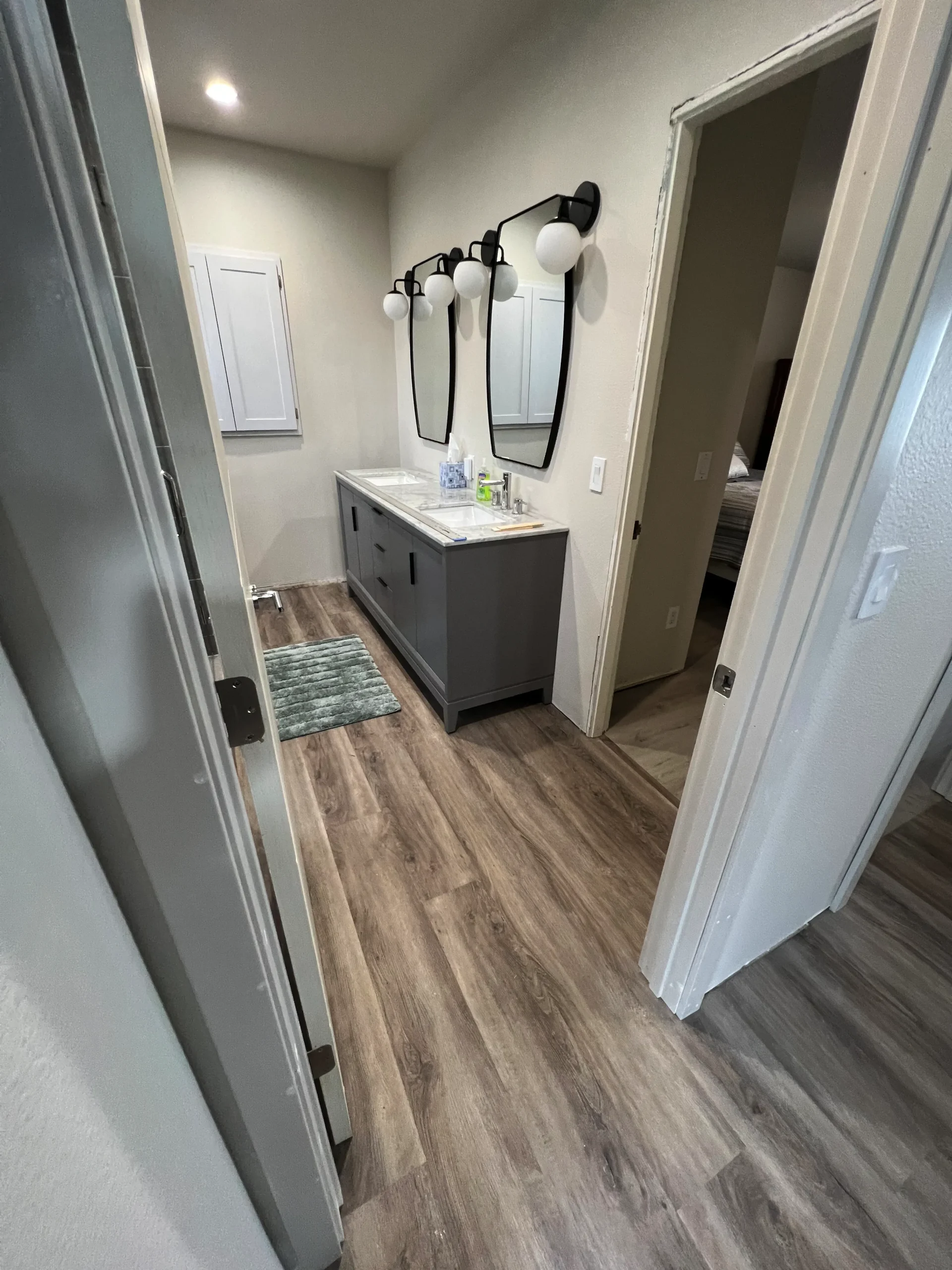 deep blue custom cabinets with large ring pull hardware