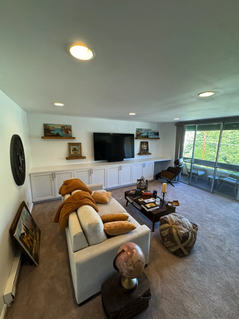 living room with custom tv stand and storage in La Jolla