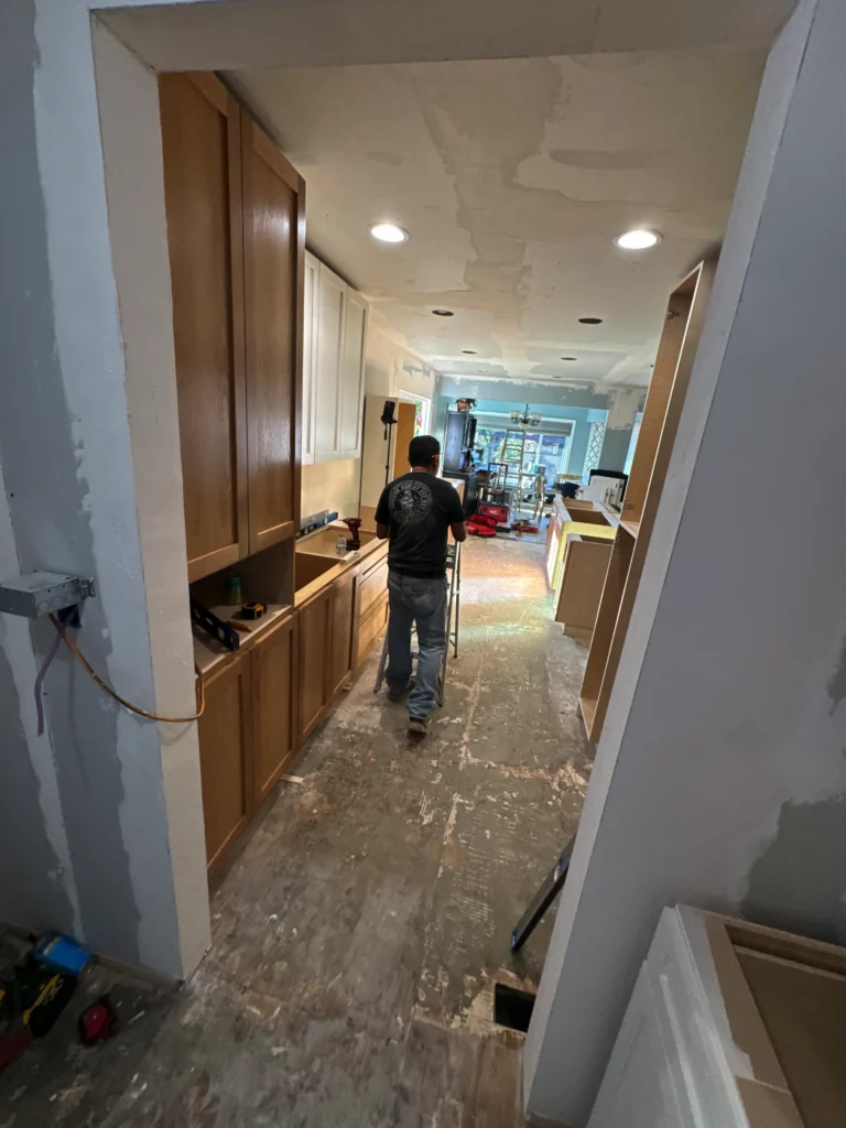 natural wood kitchen island with white quartz countertop in Escondido