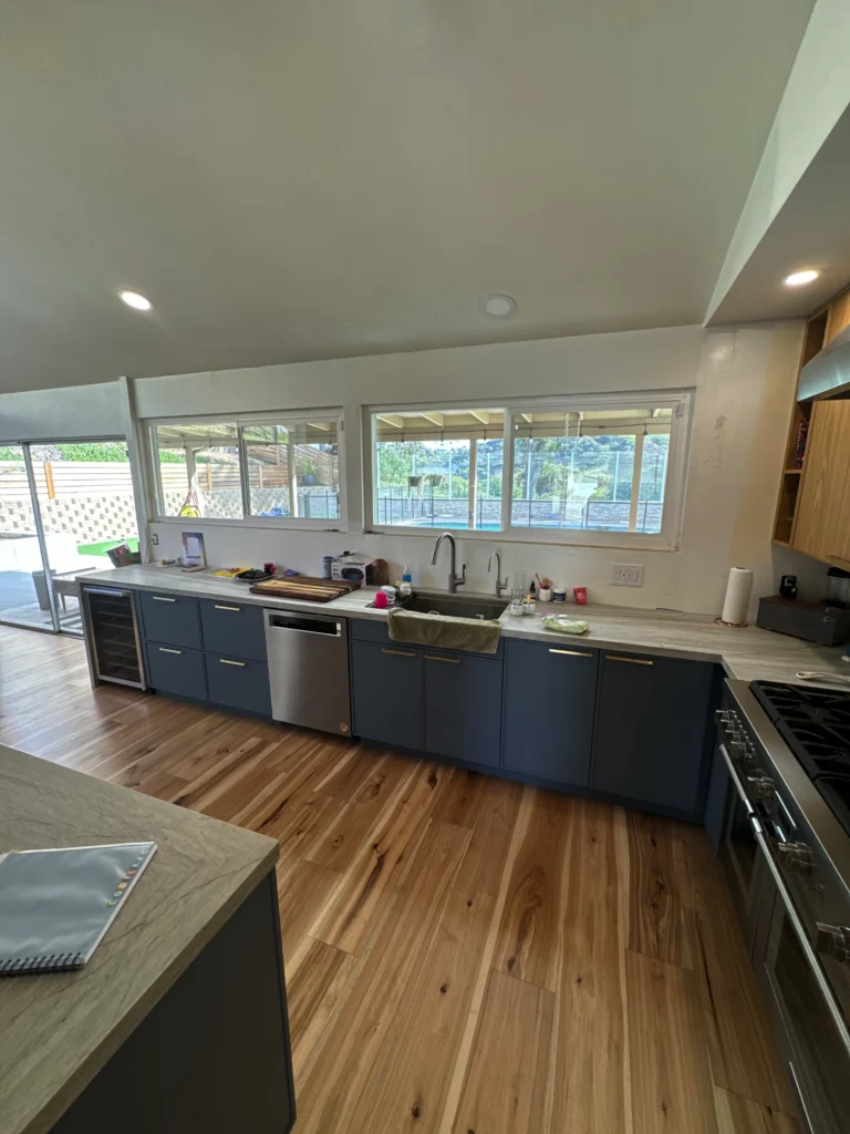 La Jolla custom shaker cabinets white oak and blue paint