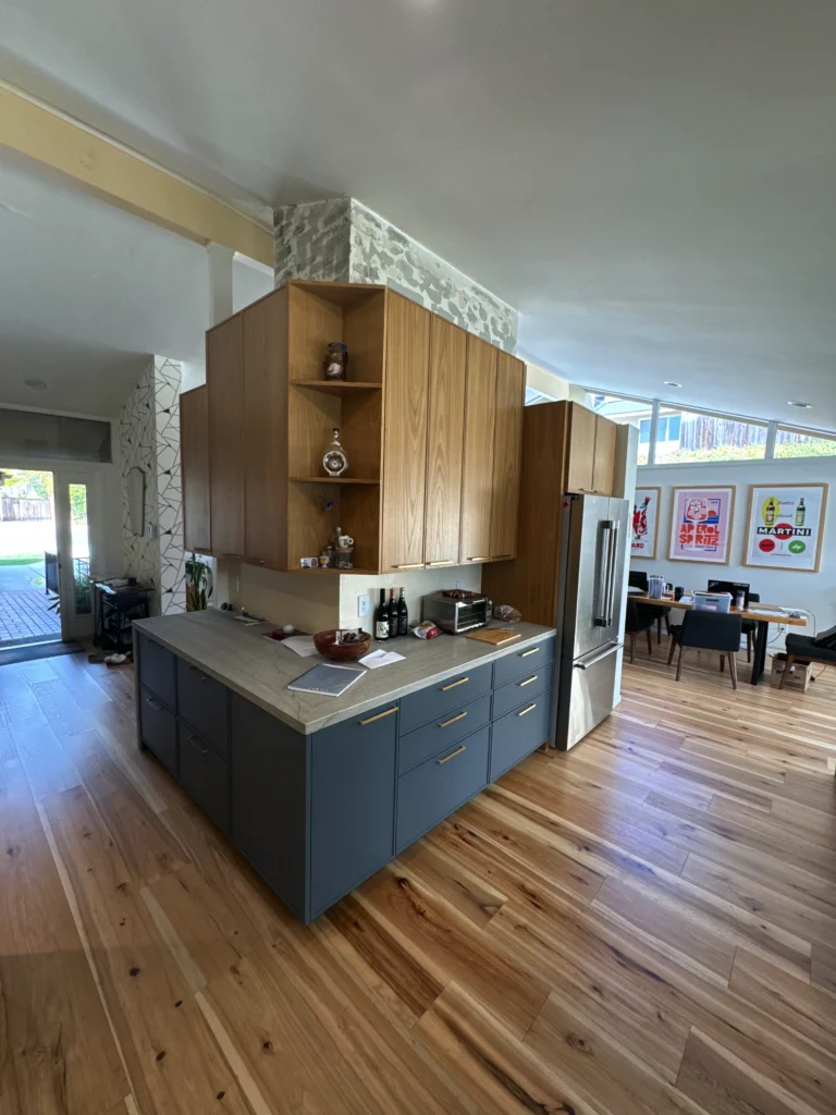 La Jolla custom shaker cabinets white oak and blue paint