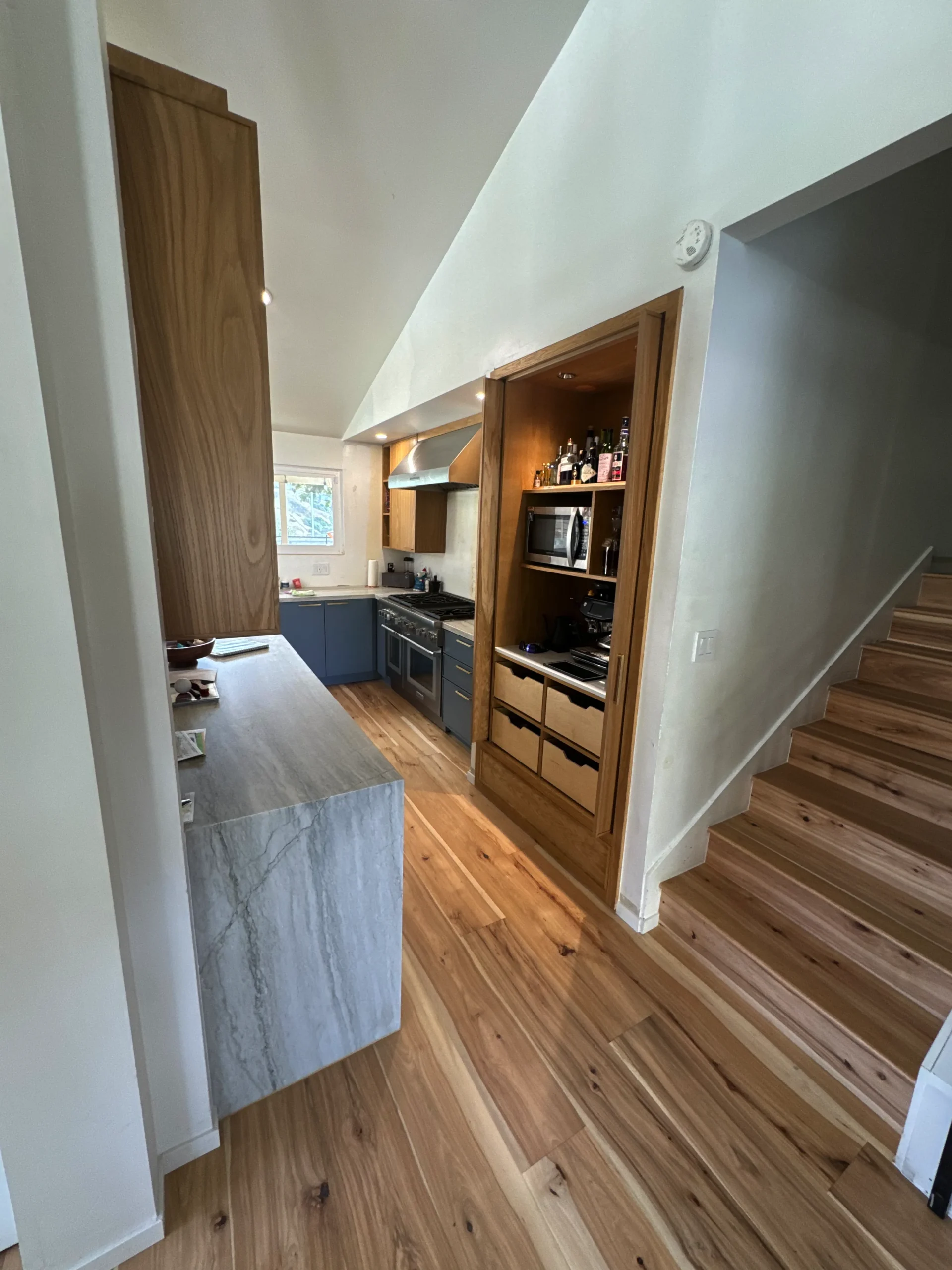 La Jolla custom shaker cabinets white oak and blue paint