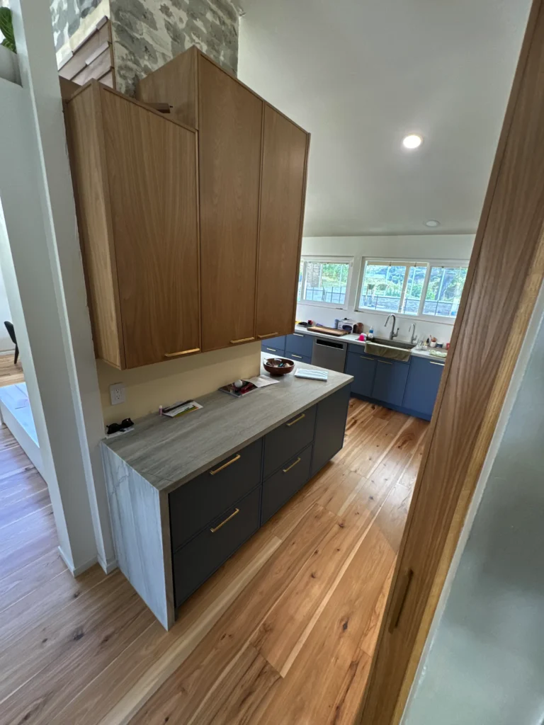 La Jolla custom shaker cabinets white oak and blue paint