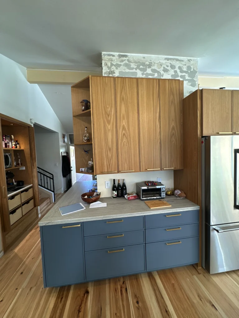 La Jolla custom shaker cabinets white oak and blue paint