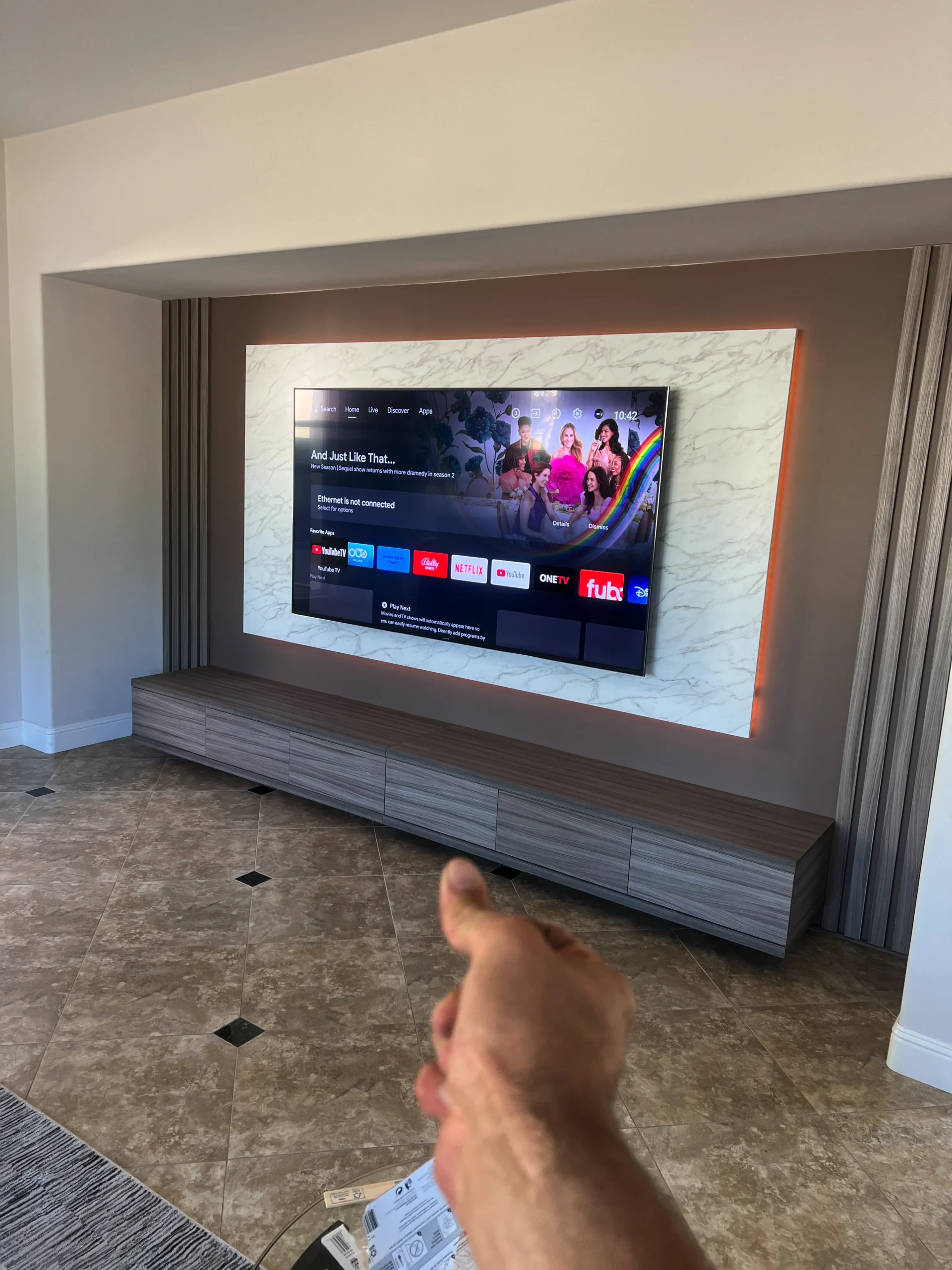 custom floating media wall in Rancho Santa Fe