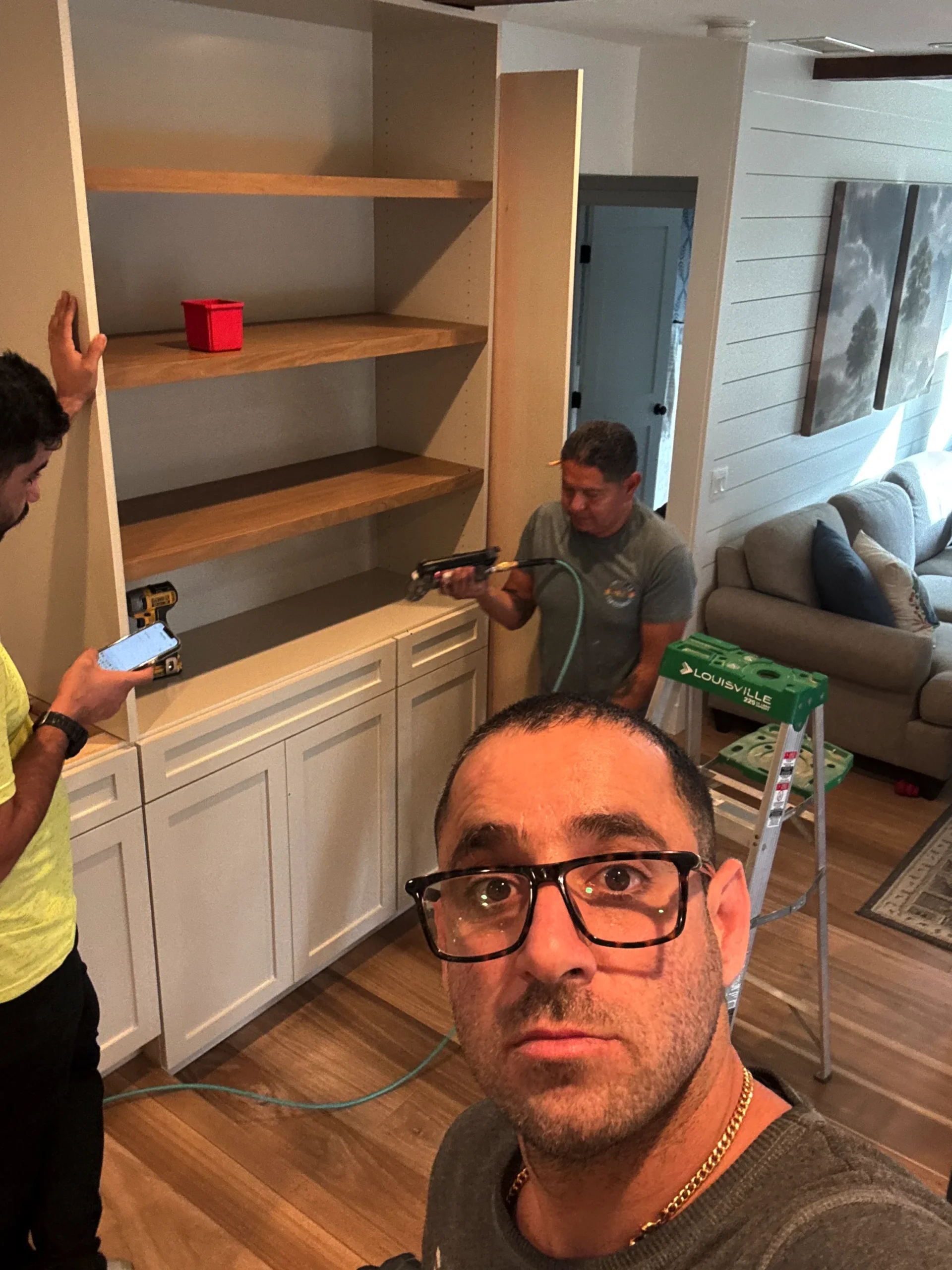 custom beverage station and display shelving with quartz countertop