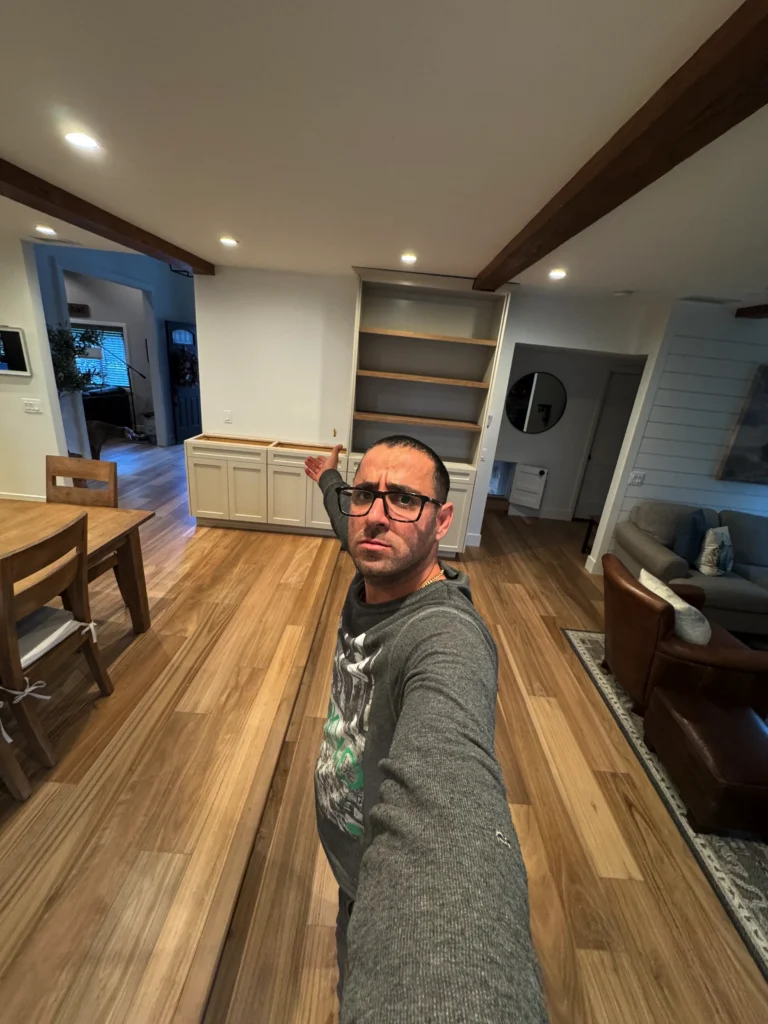 off-white shaker cabinets with natural white oak shelves