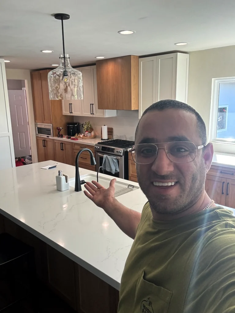 natural wood kitchen island with white quartz countertop in Escondido