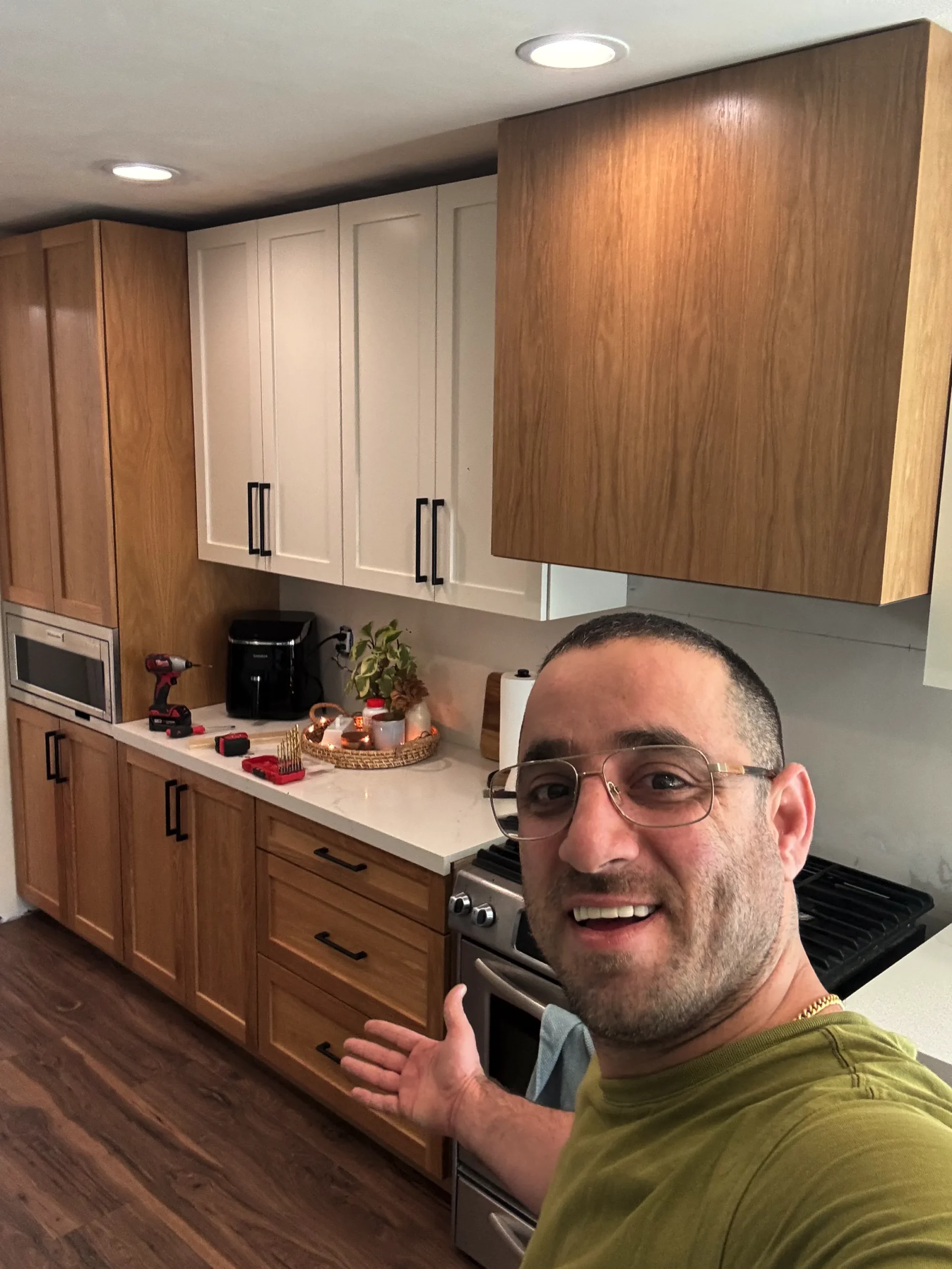 natural wood kitchen island with white quartz countertop in Escondido