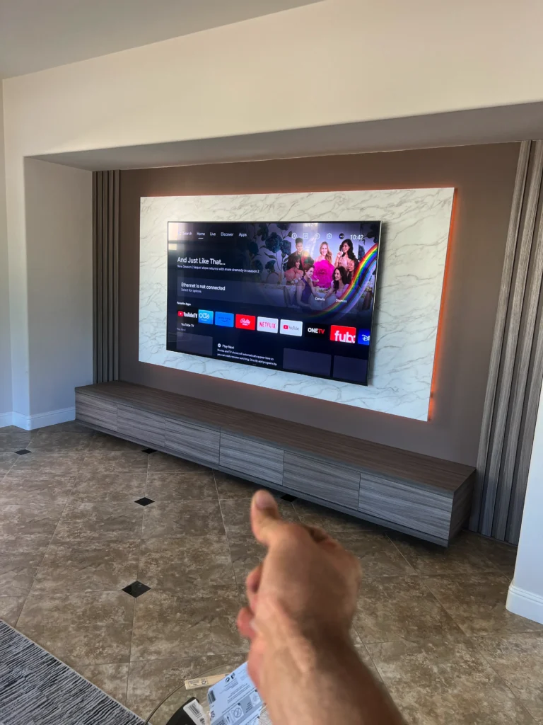 custom floating media wall in Rancho Santa Fe
