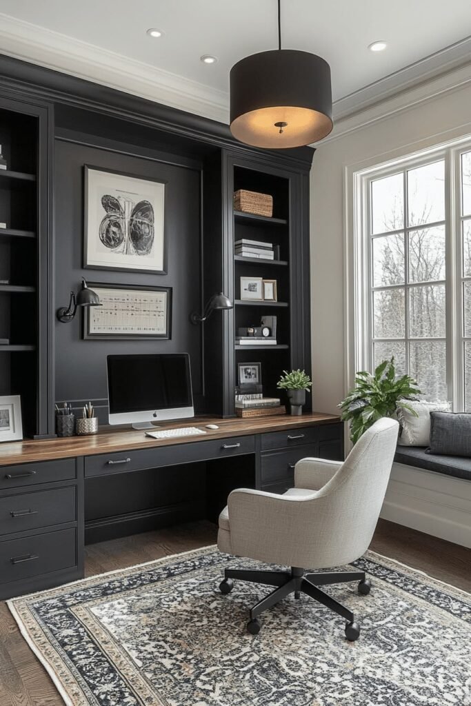 Modern Dark Wood Home Office & Window Seat