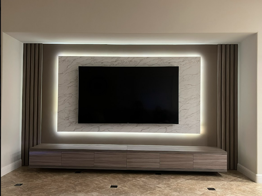 CUSTOM MEDIA WALL WITH BACKLIT PANEL