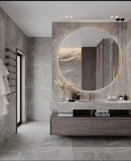 Contemporary Wood Vanity with Round Mirror